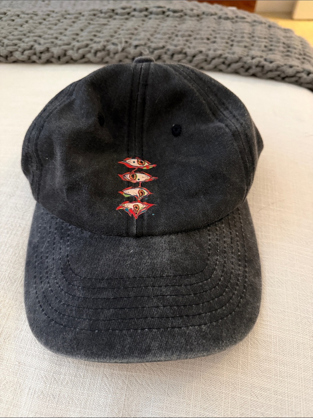 Washed Black Men’s Baseball Cap with Red Accent Embroidery
